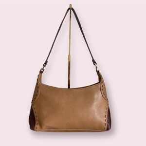 vintage retro brown tan patchwork faux leather shoulder bag with stitching